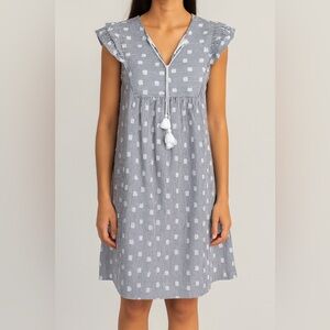 Loft Striped Ruffle Sleeve M Dress V Neck Tassel Blue White Polka Dot Nautical‎